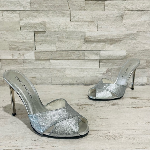 Stuart Weitzman Vintage Silver Glitter Stiletto High Heel Peep Toe Sandals 9M - Picture 15 of 15